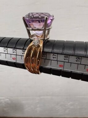 14K Gold Ring, Round Rose de France Amethyst & Diamond Accents, Size 7